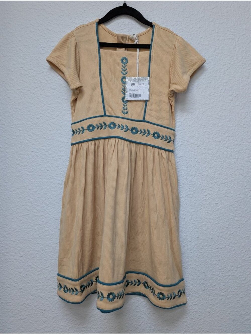 Kate Quinn Square Neck Piped Floral Embroidered Dress 8Y Bamboo Marzipan
